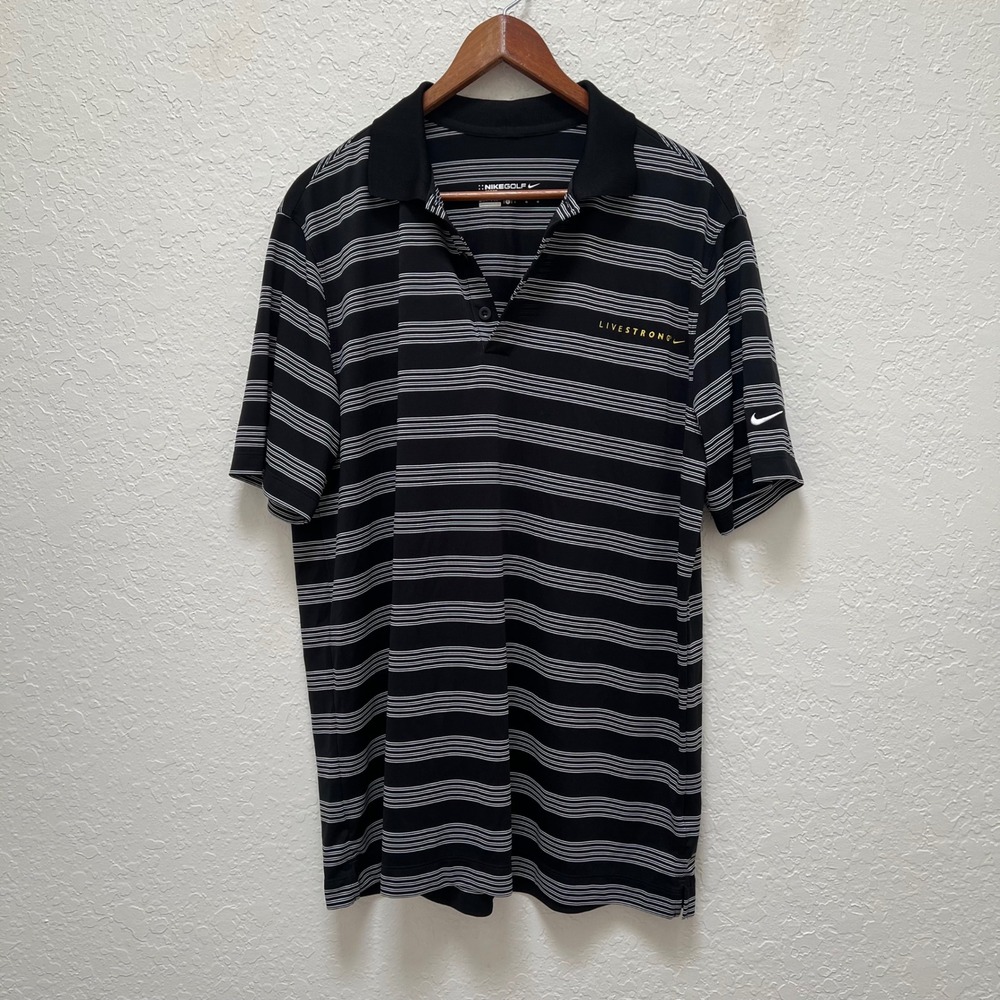 Nike Golf Livestrong Dri-FIT Polo Shirt Mens Large Black White Striped Sport